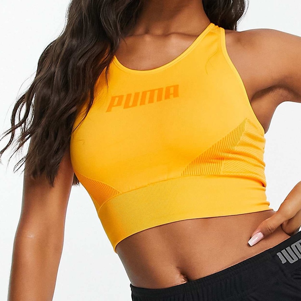 Puma Racerback Sports Bra Yellow Logo Athletic Training Bra Women’s‎ XS